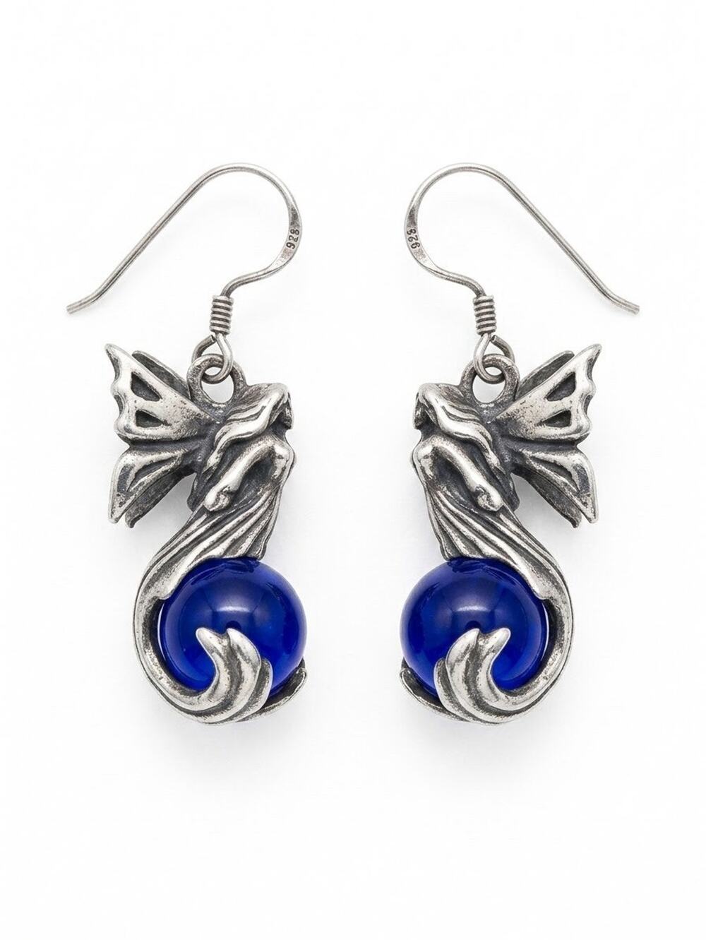 Vintage 925 Sterling Silver Fairy Blue Glass Orb Dangle Earrings Art Nouveau